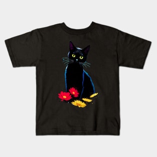 Black Cat with Red and Yellow Daisy Cat Lover Cat Owner Kids T-Shirt